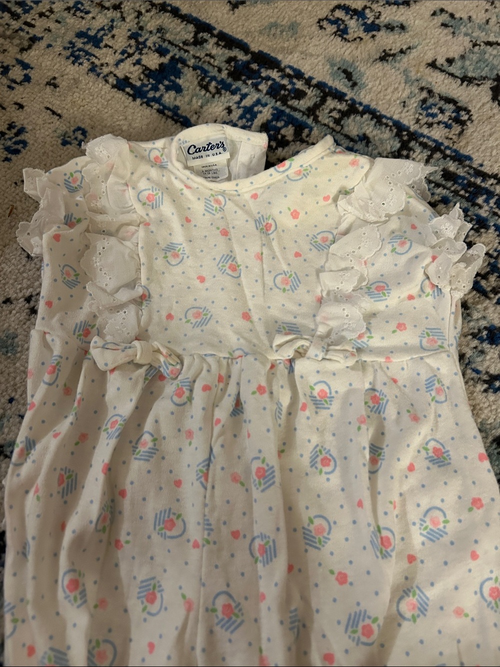 Vintage Carter's Pastel Floral Romper with Eyelet Lace Trim Size 6M